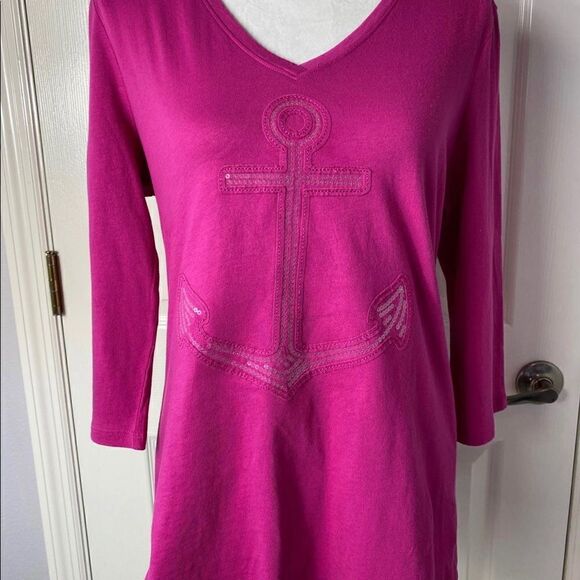 SUN BAY V-neck Small Women’s Top with 3/4 Sleeve and embellished Anchor in front - Picture 2 of 9
